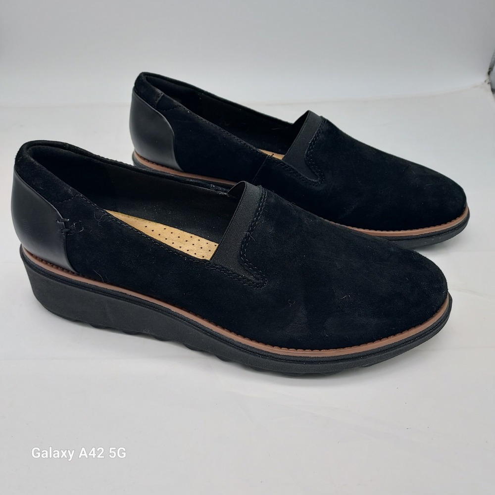 Clarks Collection Sharon Dolly Black Suede Wedge Loafers Womens 8 261558194055